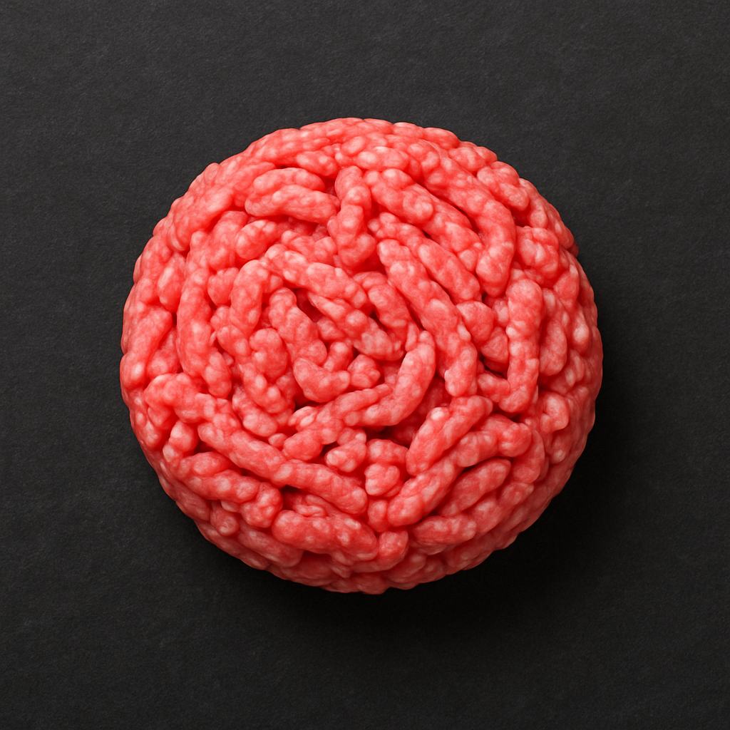 Raw grass-fed minced beef, finely ground with lean texture and deep red color, arranged on butcher tray