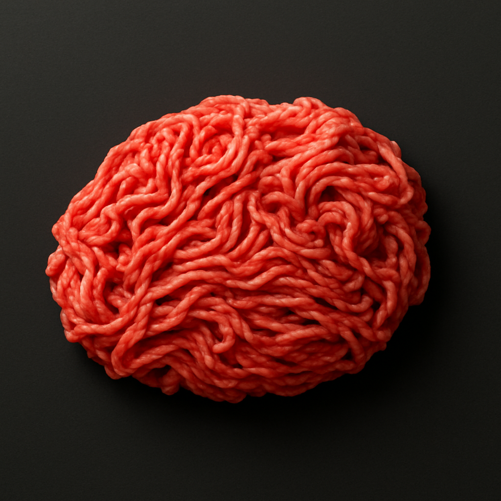 Raw minced lamb with rich red color and visible fat flecks, loosely packed on parchment paper