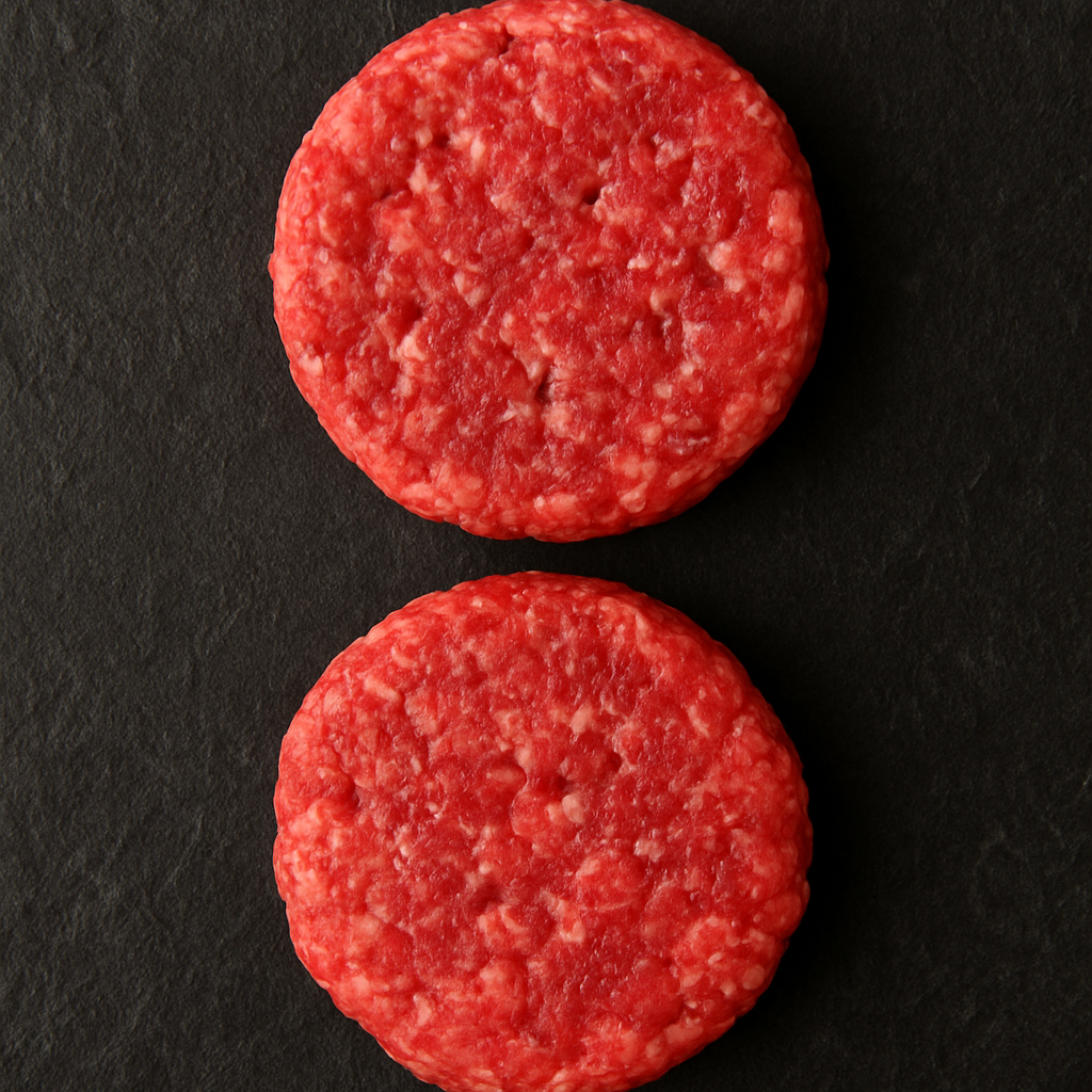 Raw premium Angus beef burger patties, hand-formed with moderate marbling and deep red color, arranged on butcher tray