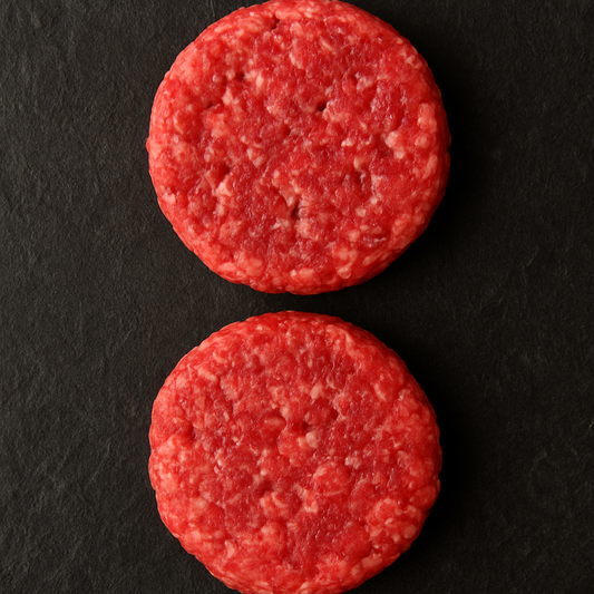 Raw premium Angus beef burger patties, hand-formed with moderate marbling and deep red color, arranged on butcher tray