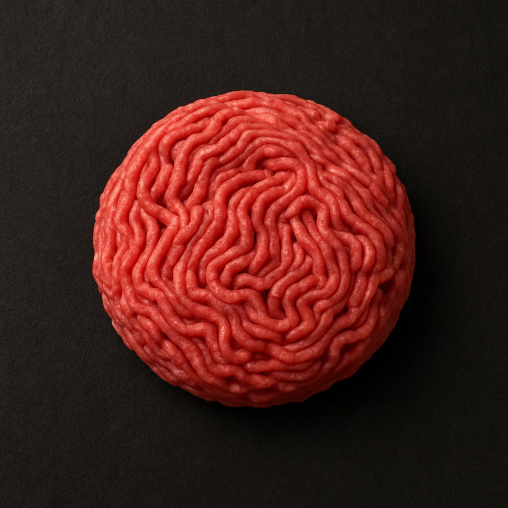 Raw premium Angus beef burger patty, hand-formed with moderate marbling and deep red color, placed on butcher tray