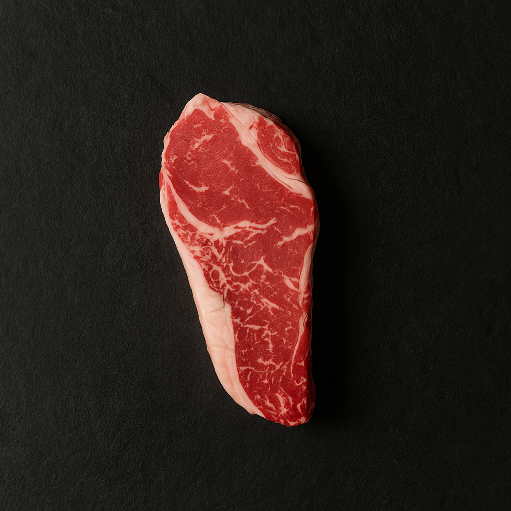 Raw Angus striploin MB3+, boneless with moderate marbling and trimmed fat cap, placed on butcher tray
Raw Wagyu striploin MB9+, boneless with intense marbling and smooth fat cap, placed on butcher tray
Raw Wagyu striploin MB6/7, boneless with fine marbling and trimmed fat cap, placed on butcher tray
Raw gluten-free beef striploin, boneless with lean texture and trimmed fat cap, placed on butcher tray with certified gluten-free label