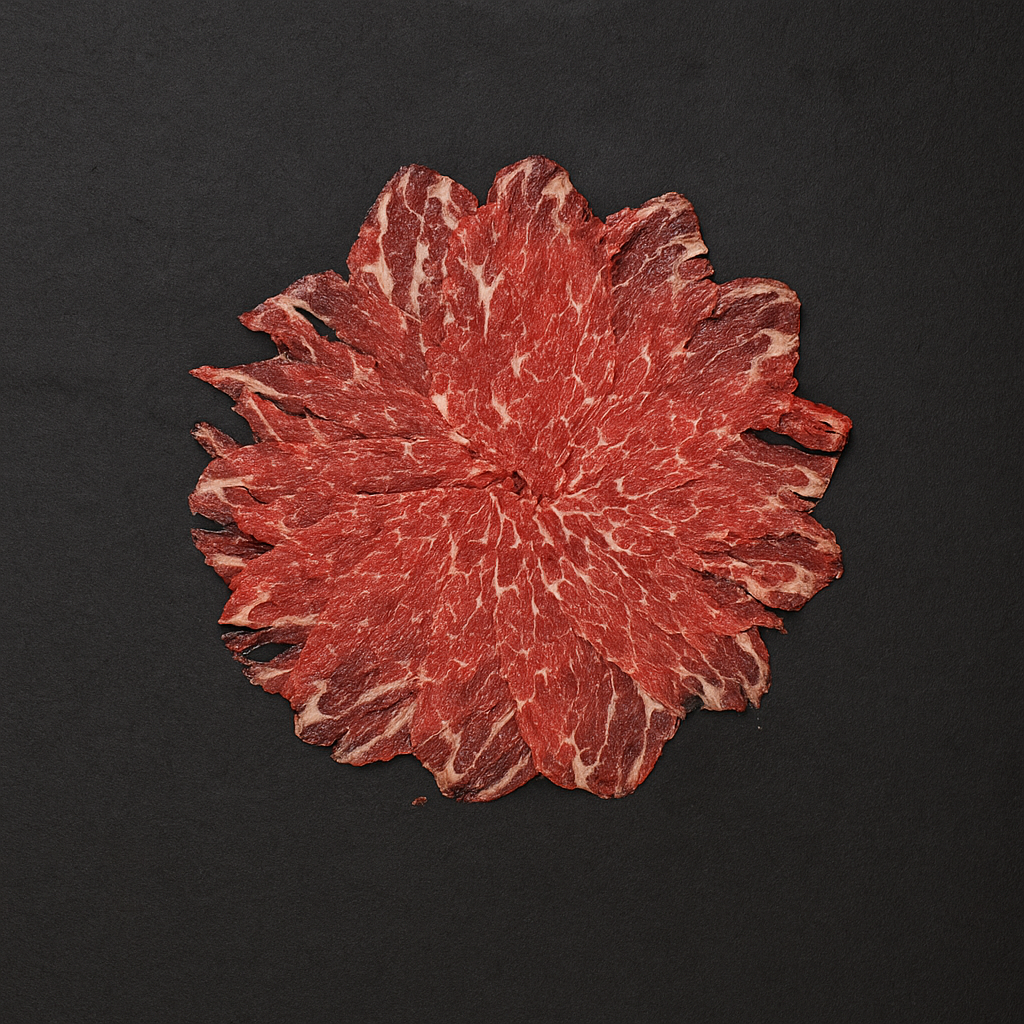 Angus beef carpaccio slices, thinly cut with lean texture and light marbling, arranged on chilled plate with garnish
Wagyu beef carpaccio MB6/7, thinly sliced with fine marbling and silky texture, arranged on chilled plate with garnish