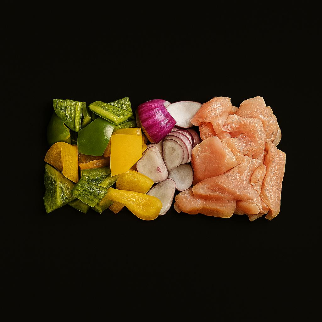 Marinated chicken sajieh mix with sliced onions and bell peppers, seasoned in Middle Eastern spices, displayed raw on metal tray