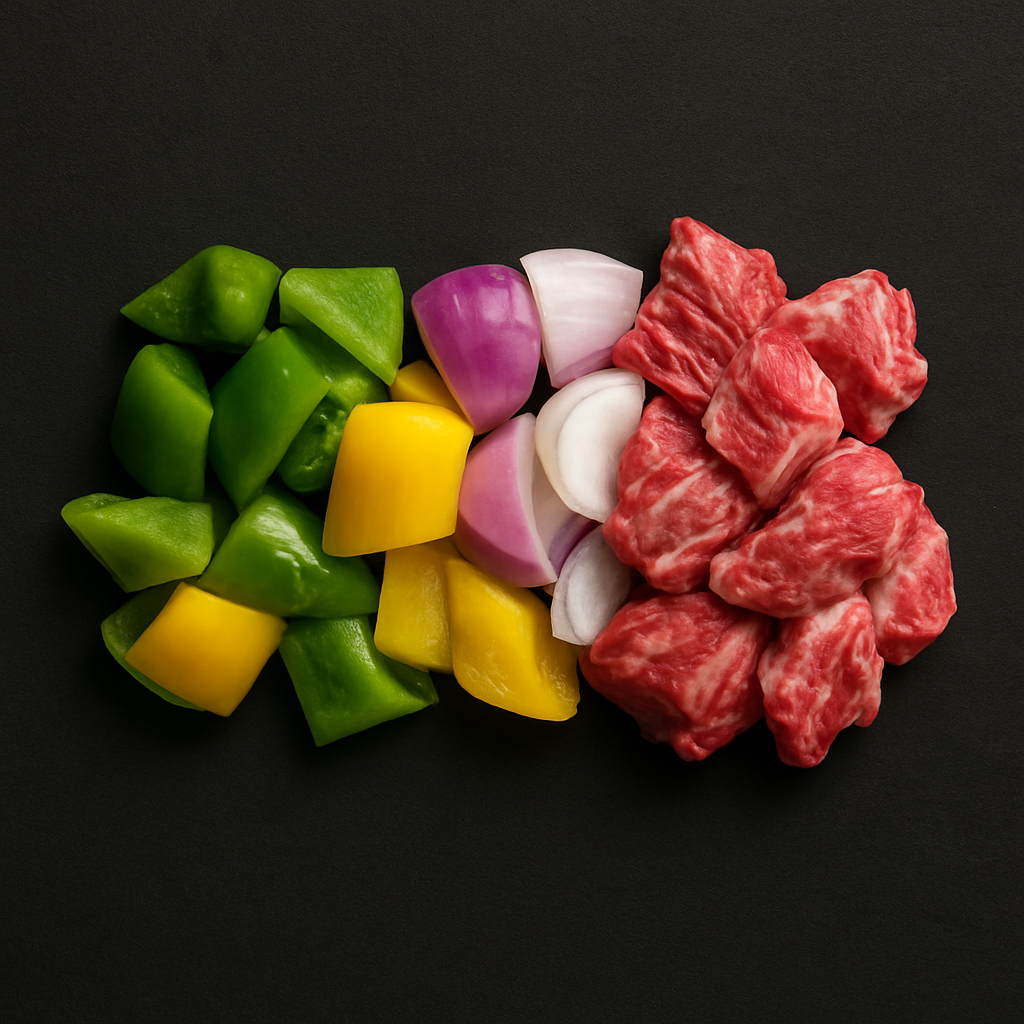 Raw Wagyu sajieh mix, cubed and marinated with Middle Eastern spices, showcasing rich marbling and deep red color, arranged on tray with garnish
Raw Angus beef sajieh mix, cubed and marinated with Middle Eastern spices, arranged on tray with garnish
Raw lamb sajieh mix, cubed and marinated with Middle Eastern spices, arranged on tray with garnish